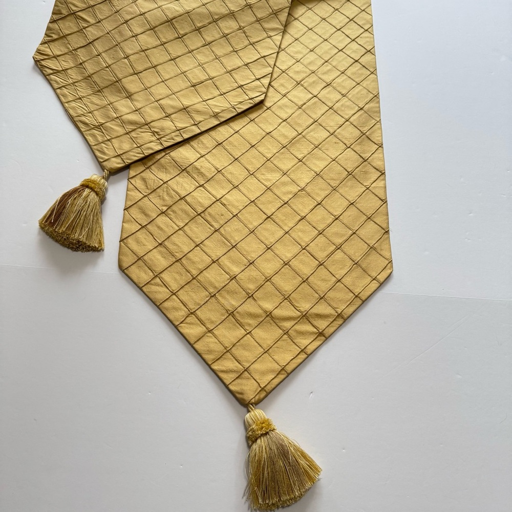 Gold Raw Silk Table Runner Diamond Lattice Stitch Tassels 80 Inch Custom